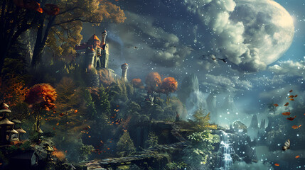Enchanting fantasy castle nestled in mystical forest under a giant moon