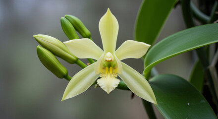 Obraz premium Vanilla flowers with their pods and fertile leaves
