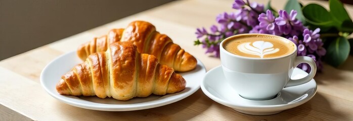 Fresh croissants, cup of coffee and lilac sprig on light wooden table