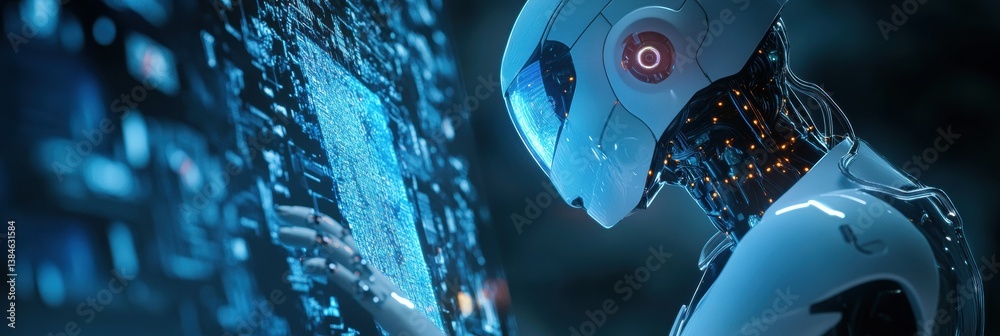 Poster robotic ai tutor engages with student using holographic interface in futuristic digital learning env