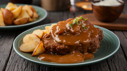 Country Fried Steak: Country fried steak with gravy and potatoes, crispy and hearty