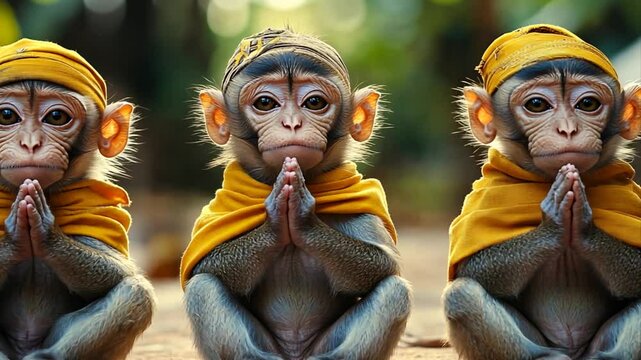 Three meditative monkeys in golden robes a serene portrayal of spiritual harmony and mindfulness within the primate kingdom offering a peaceful scene