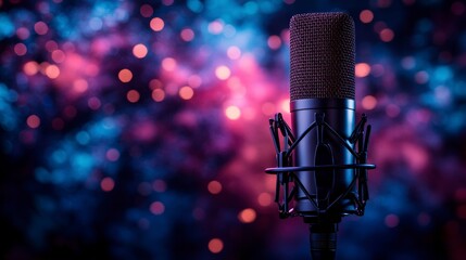 Vibrant pink and blue neon lights illuminate microphone stand with pop filter in recording studio, dark background, music production concept.