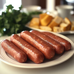 plate of sausages is beautifully arranged, showcasing their shiny, appetizing surface. background features fresh herbs and platter of bread, creating cozy and inviting atmosphere for meal