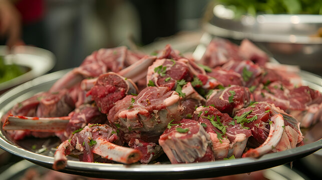 Delicious fresh raw lamb chops seasoned with herbs ready for grilling or roasting
