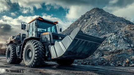 Fototapeta premium A dramatic side view of an oversized wheel loader equipped with a reinforced steel bucket, parked beside a towering pile