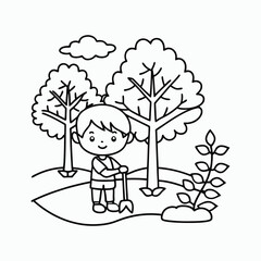 Young Boy Planting a Tree – Cartoon Coloring Page for kid's, Environmental Education Nature Scene. International Children's Book Day.