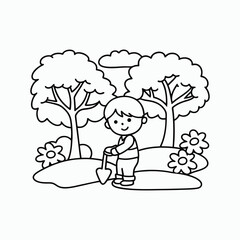 Young Boy Planting a Tree – Cartoon Coloring Page, Environmental Education Nature Scene. International Children's Book Day.