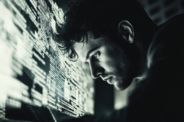 A focused young man intensely reviewing lines of code on a glowing computer screen, late at night.