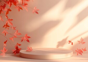 Autumnal, minimalist, pastel podium display with fall foliage. Soft, warm lighting casts gentle shadows
