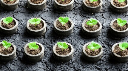 Seedlings in pots with growth, and farm.