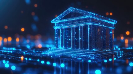 Obraz premium Classical Greek Temple Rendered in Glowing Blue Lines and Digital Dots: A Holographic Tribute to Ancient Architecture in a Futuristic Realm