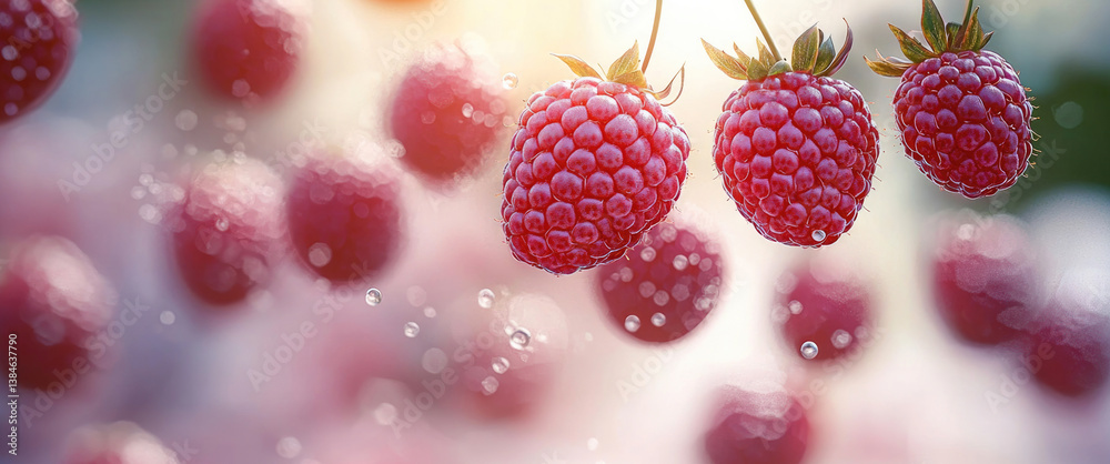 Poster fresh raspberries glistening with water droplets create vibrant and refreshing scene, evoking sense 