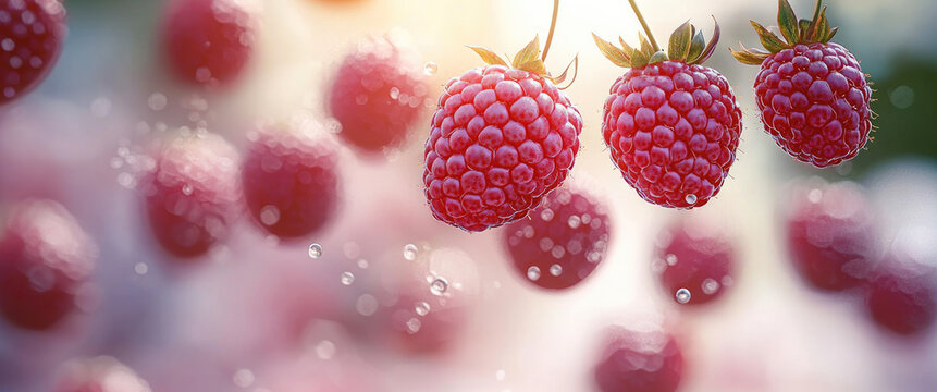 Fresh raspberries glistening with water droplets create vibrant and refreshing scene, evoking sense of summer and natural sweetness. bright red color and juicy texture make them visually appealing