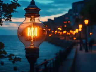 Glowing lamp illuminates a waterfront promenade at dusk.