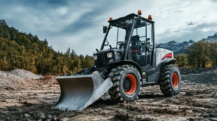 Fototapeta premium A high-resolution side view of a compact skid-steer loader with a front-mounted bucket attachment, parked on a rugged construction site