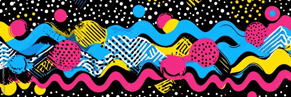 Poster Bold geometric shapes and bright neon colors create a playful Memphis-style background celebrating retro design aesthetics