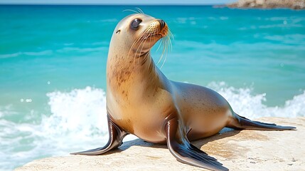 Fototapeta premium Sea lion posing on shoreline coastal beach animal photography bright ocean environment close-up view wildlife concept