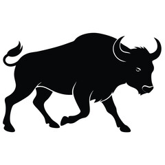 Black Silhouette Of A Bull Charging Forward Symbolizing Power And Determination Vector.