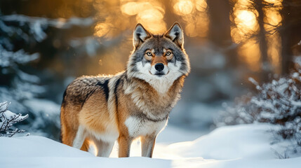 Obraz premium Majestic wolf standing in snowy forest, illuminated by warm sunlight filtering through trees, showcasing its striking features and alert expression