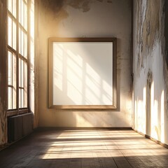 Sunlit hallway with blank frame artistic space photography interior angle conceptual reflection