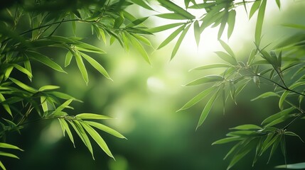 Obraz premium Lush Green Bamboo Leaves Illuminated by Sunlight Nature Background