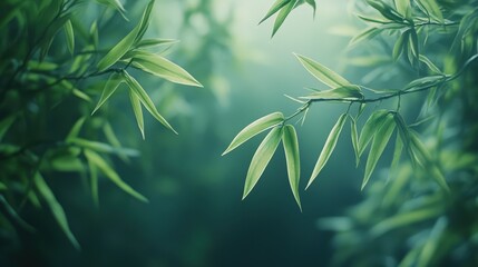 Naklejka premium Serene Bamboo Leaves Lush Greenery Nature Background Tranquil Garden Scene