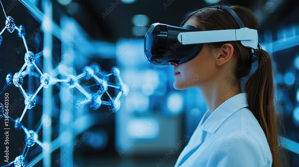 Poster woman wearing virtual reality goggles is immersed in digital environment, exploring molecular struct