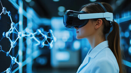 woman wearing virtual reality goggles is immersed in digital environment, exploring molecular structures and scientific data. scene conveys sense of innovation and technology in research