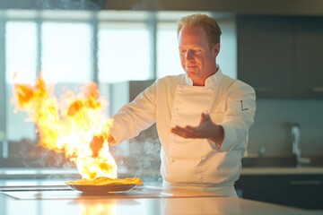 A male chef flambs a dish in a professional kitchen, showcasing culinary expertise and passion.