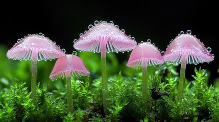Fototapeta premium Pink Mushrooms Dew Drops Macro Nature Closeup Shot