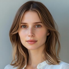Naklejka premium Modern studio portrait of a young woman with natural beauty minimalist environment professional photography indoor soft lighting