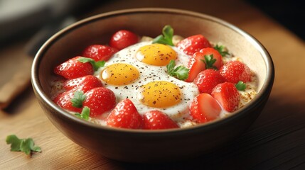 Delicious Breakfast Bowl with Fried Eggs and Fresh Strawberries Healthy and Nutritious Morning Meal
