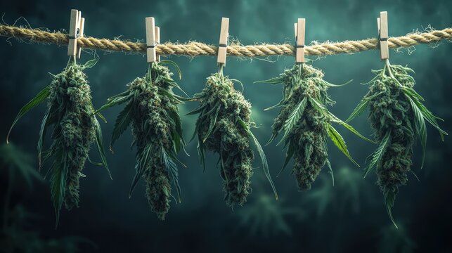 Five Cannabis Buds Hanging to Dry on a Rope Using Wooden Clothespins A Close Up View of Marijuana Drying Process