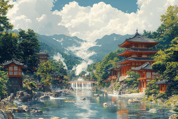 Obraz premium Hidden Springs of Harmony – Vintage Travel Poster for a Fictional Hot Spring Prefecture