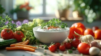 Delicious Creamy Dip with Fresh Vegetables and Herbs Healthy Homemade Food