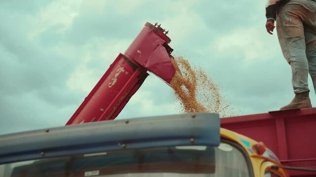 Soybean grain harvest with a clear sky