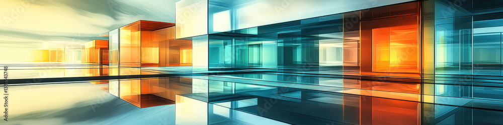 Leinwandbilder Abstract digital art featuring colorful geometric shapes and reflections in modern environment, creating vibrant and dynamic atmosphere
