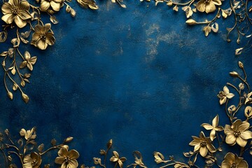 Golden floral decorations frame a dark blue textured background creating an elegant border.