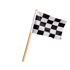 A checkered racing flag on a wooden pole for motorsports isolated against a transparent background.