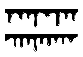 Dripping paint or liquid ink drops silhouette set. Black slime, melted fluid shapes, and elements for graphic design and projects