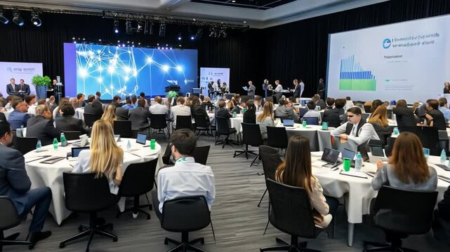 Conference Gathering: A panoramic view of a large conference hall filled with attendees seated at round tables, with a stage in the background showcasing a presentation.
