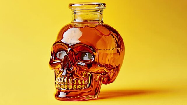 Skullshaped bottle filled with amber liquid against a vibrant yellow background, background skullshaped bottle filled with amber liquid on yellow background