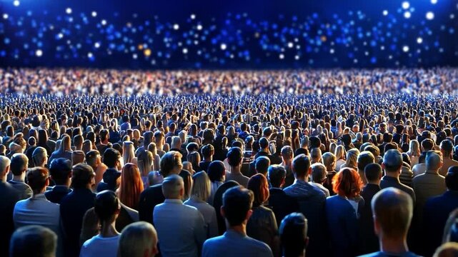 Crowd Perspective: A vast gathering of people seen from the back, with individuals blending together in a sea of heads against a backdrop of shimmering lights.