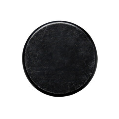 Black hockey puck ready for action on the ice surface isolated against a transparent background.