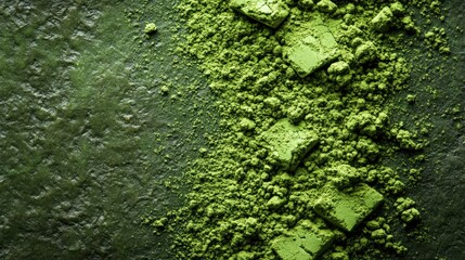 Green Matcha Powder Texture Background Cubes and Powder Spilled on Dark Surface