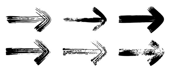 Set of vector brush strokes with arrows on white background. Rough, artistic strokes. Paint splatter effect. Stripes with arrows in grunge style. Japanese style brush strokes arrow with grunge texture