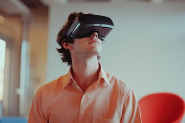 A young man wearing a peach shirt experiences immersive virtual reality.