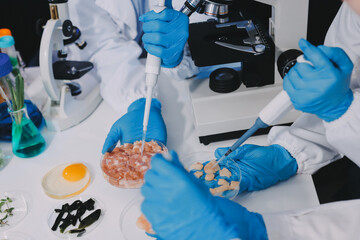 Team Asian scientists in a lab conducting food research using a microscope and lab equipment,...