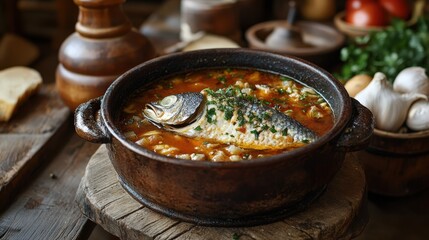 Delicious Fish Stew in Rustic Clay Pot A Hearty and Flavorful Mediterranean Dish